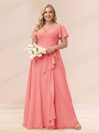 A Line Princess V Neck Long Plus size Bridesmaid Dresses with Ruffles