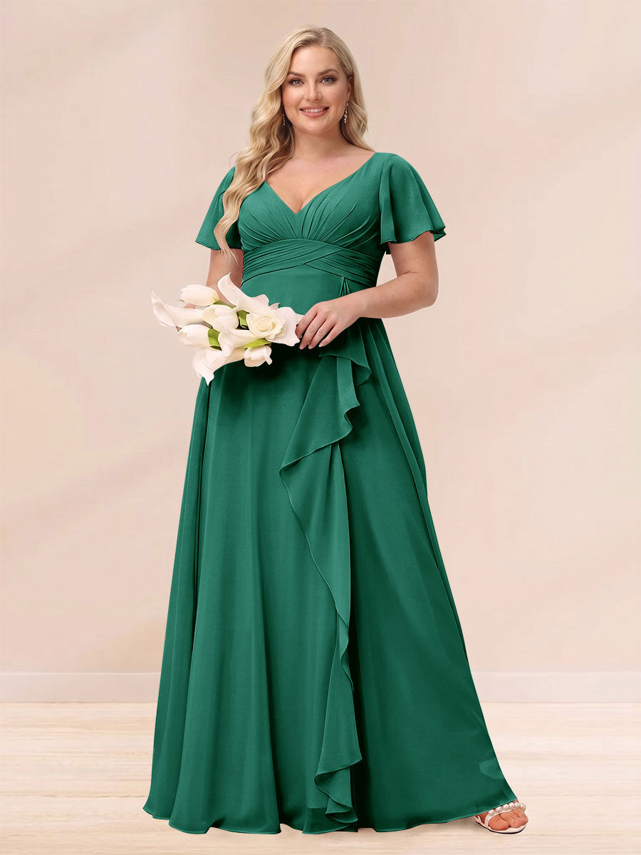 A Line Princess V Neck Long Plus size Bridesmaid Dresses with Ruffles