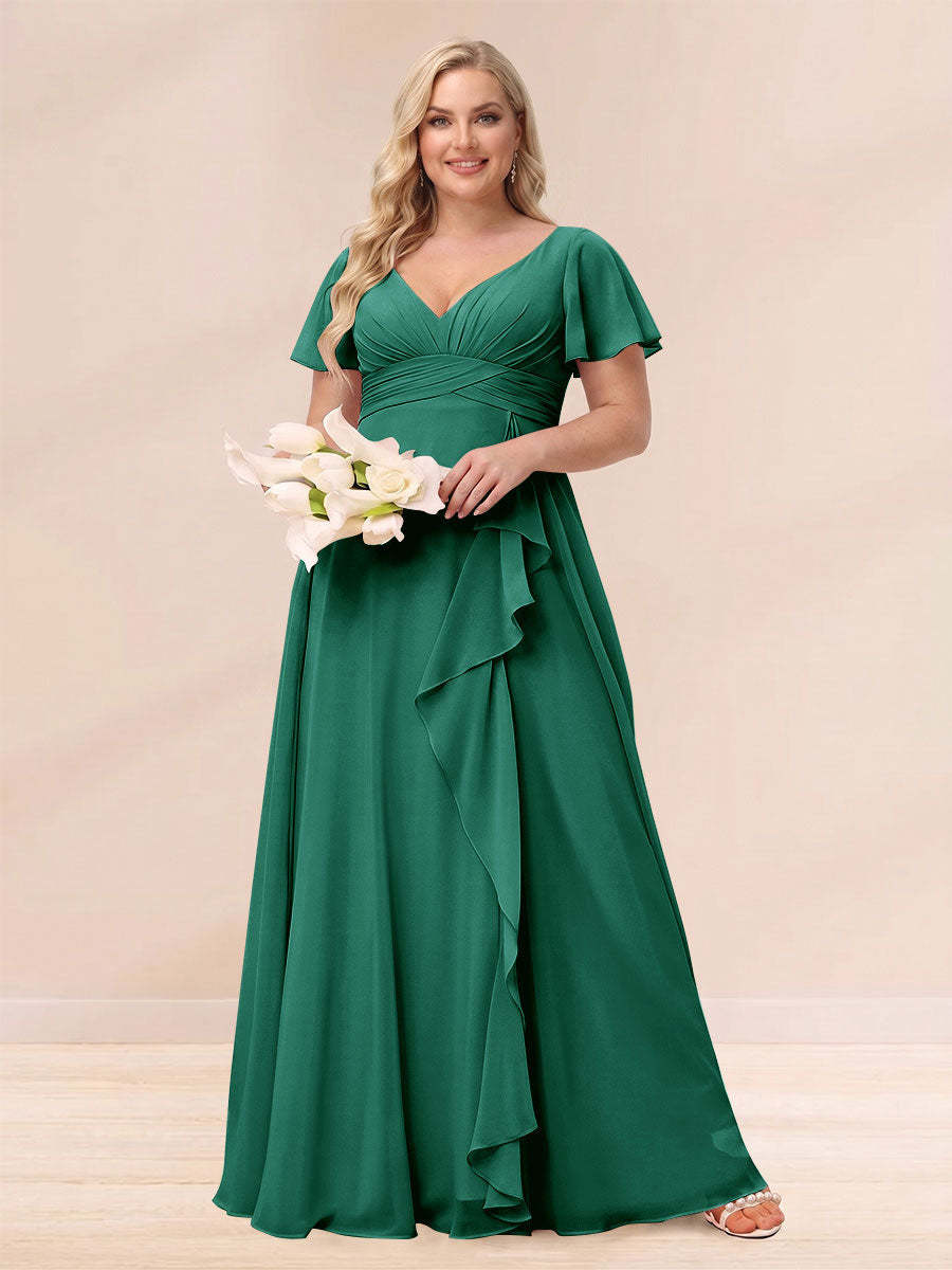 A Line Princess V Neck Long Plus size Bridesmaid Dresses with Ruffles