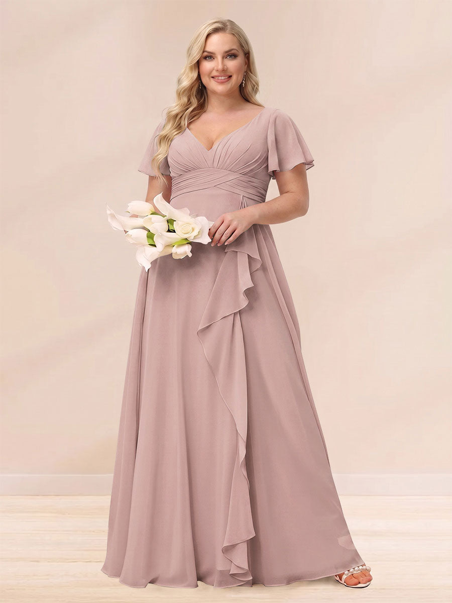 A Line Princess V Neck Long Plus size Bridesmaid Dresses with Ruffles