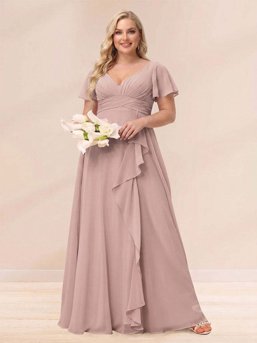 A Line Princess V Neck Long Plus size Bridesmaid Dresses with Ruffles