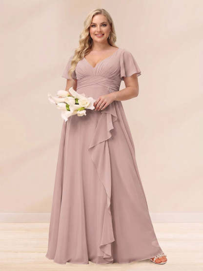 A Line Princess V Neck Long Plus size Bridesmaid Dresses with Ruffles