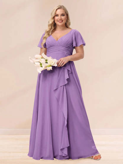 A Line Princess V Neck Long Plus size Bridesmaid Dresses with Ruffles