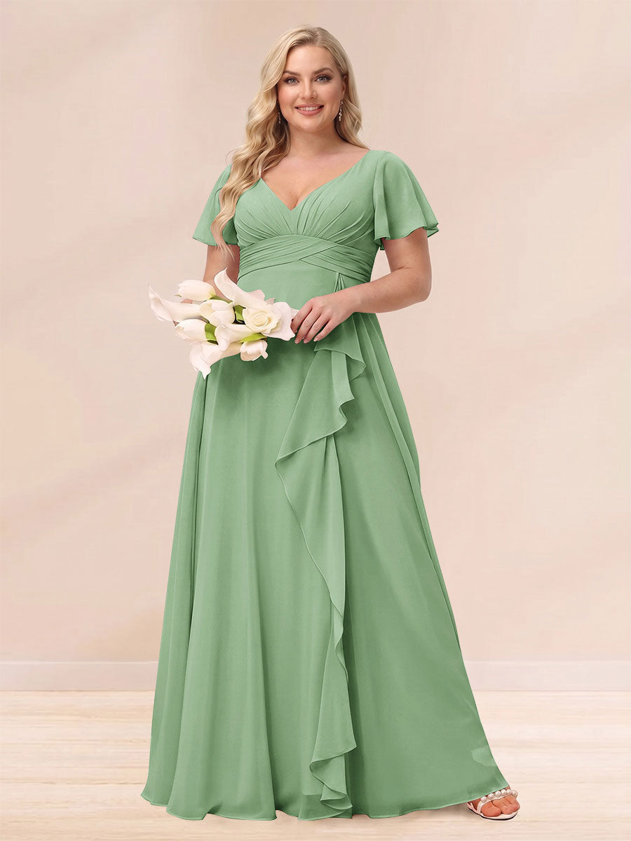A Line Princess V Neck Long Plus size Bridesmaid Dresses with Ruffles