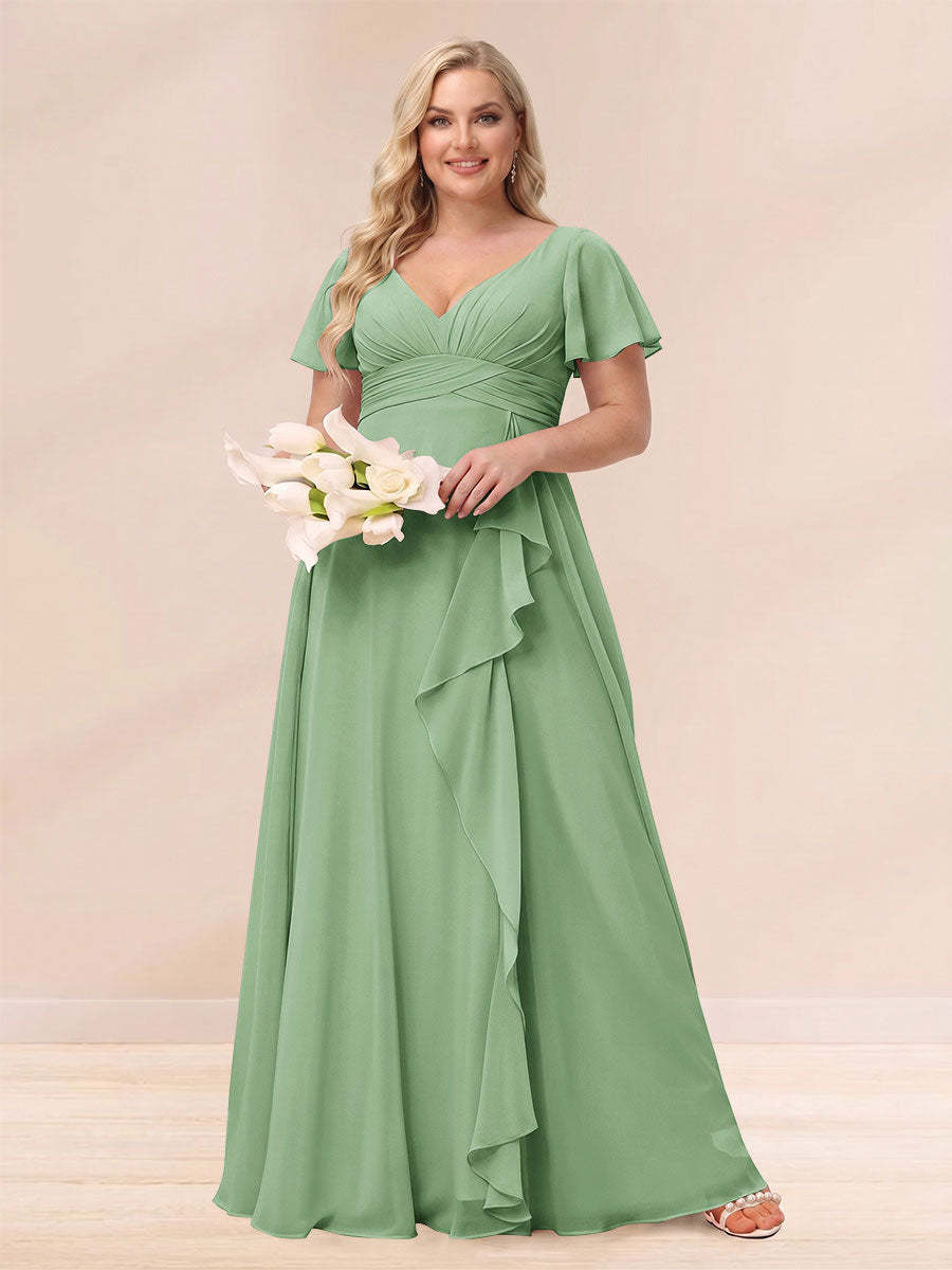 A Line Princess V Neck Long Plus size Bridesmaid Dresses with Ruffles