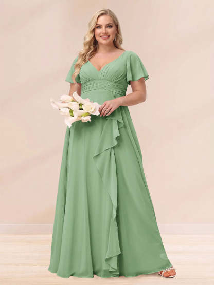 A Line Princess V Neck Long Plus size Bridesmaid Dresses with Ruffles