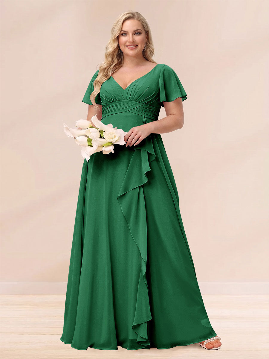 A Line Princess V Neck Long Plus size Bridesmaid Dresses with Ruffles