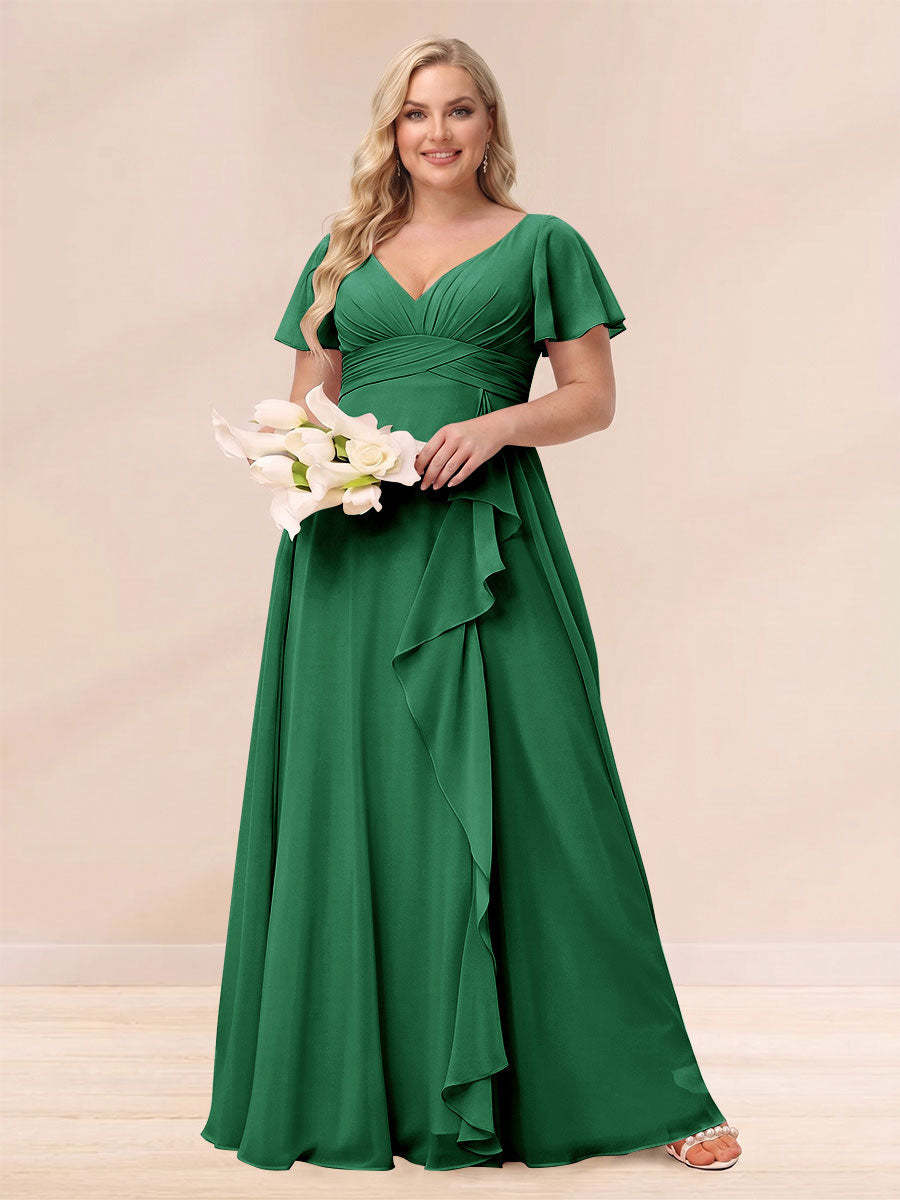 A Line Princess V Neck Long Plus size Bridesmaid Dresses with Ruffles