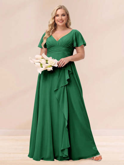 A Line Princess V Neck Long Plus size Bridesmaid Dresses with Ruffles