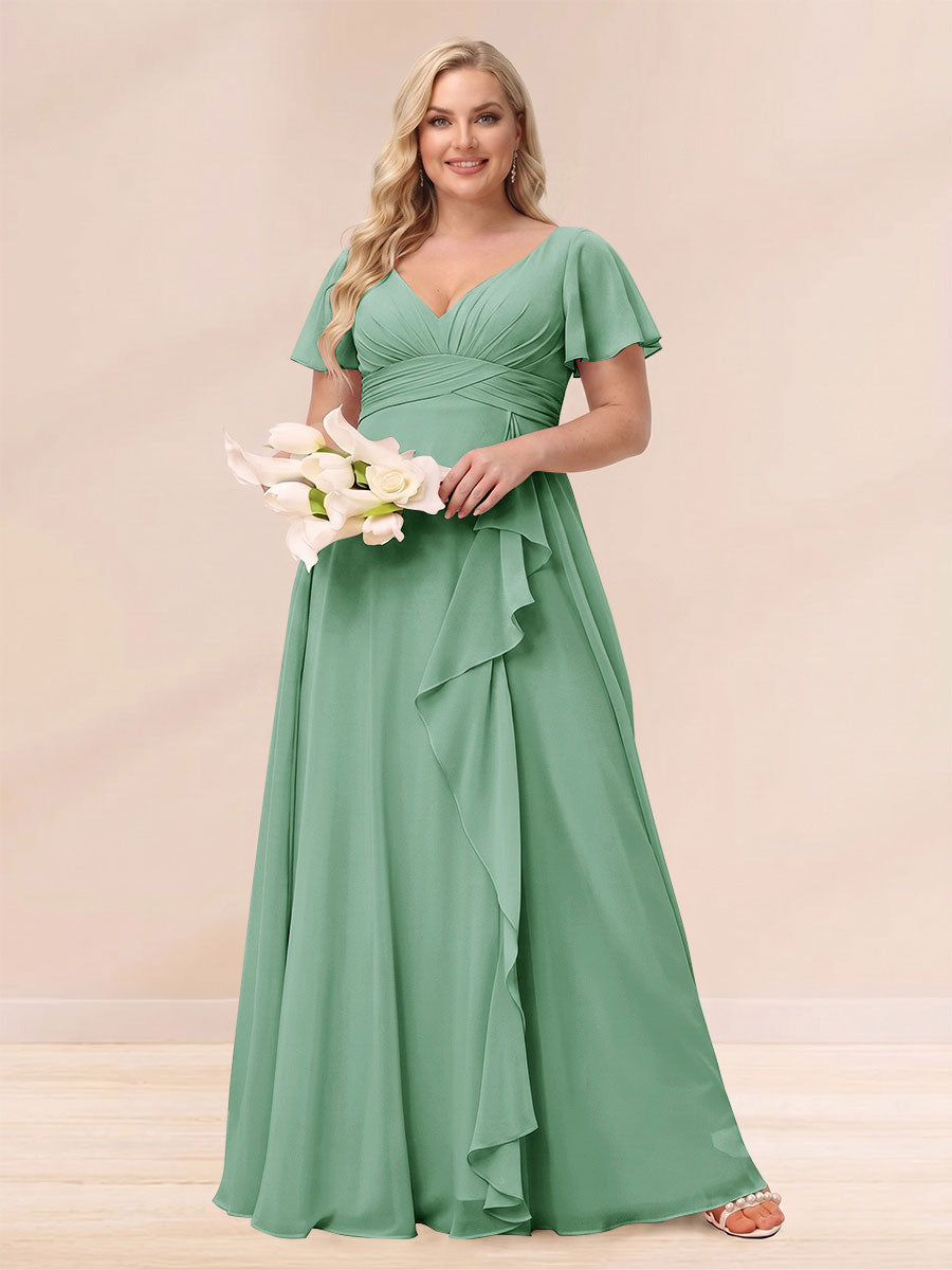 A Line Princess V Neck Long Plus size Bridesmaid Dresses with Ruffles