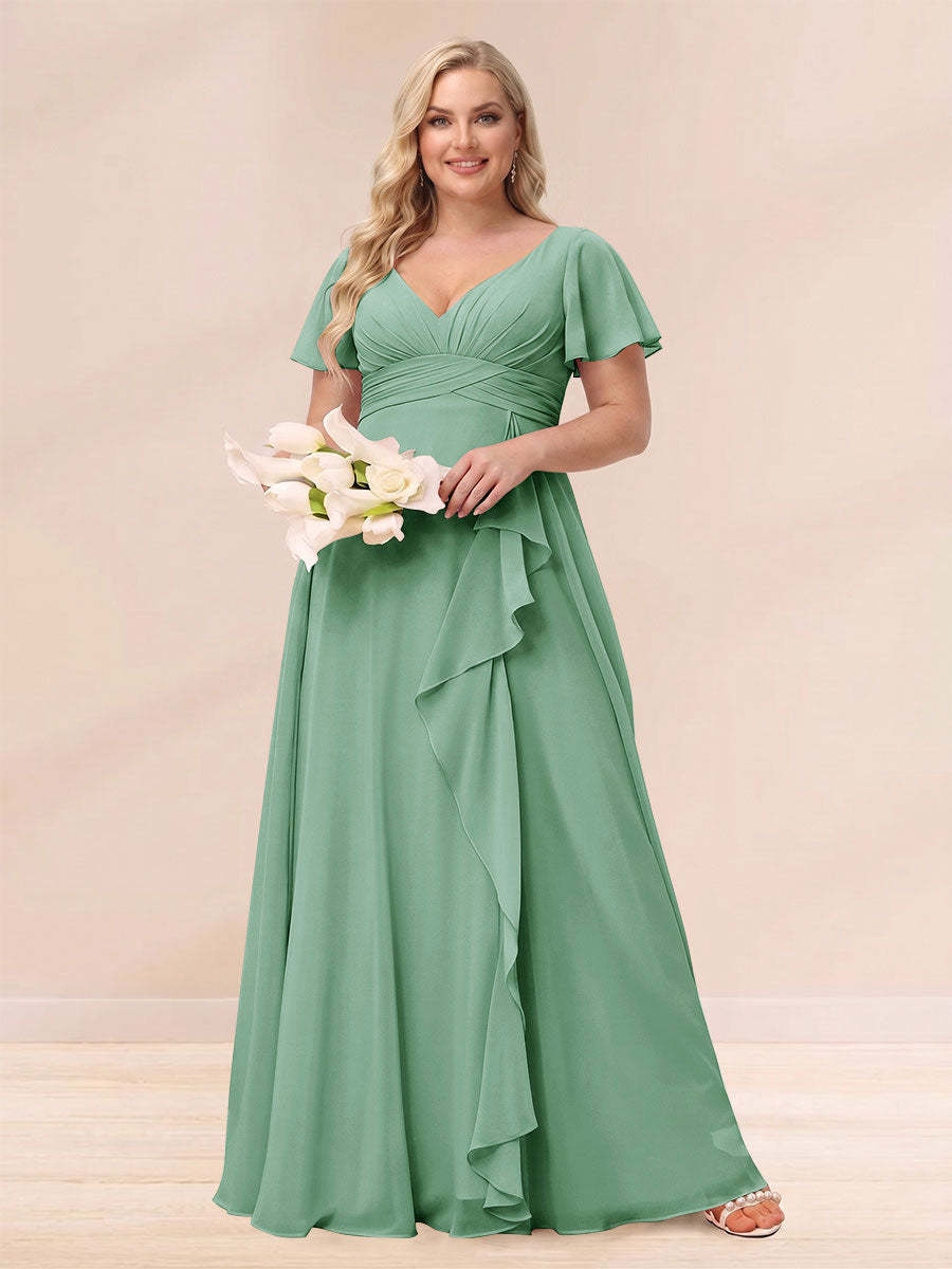 A Line Princess V Neck Long Plus size Bridesmaid Dresses with Ruffles