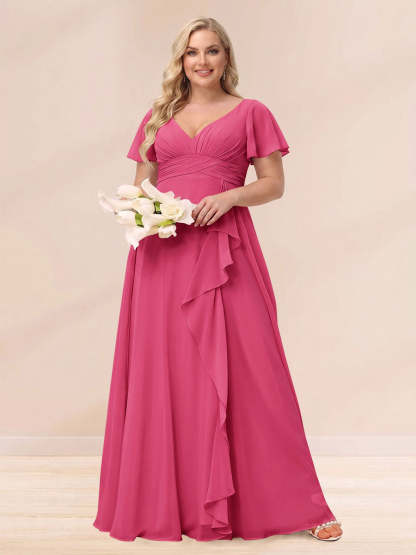 A Line Princess V Neck Long Plus size Bridesmaid Dresses with Ruffles