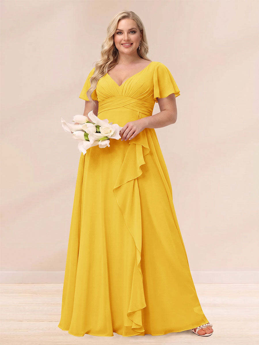 A Line Princess V Neck Long Plus size Bridesmaid Dresses with Ruffles