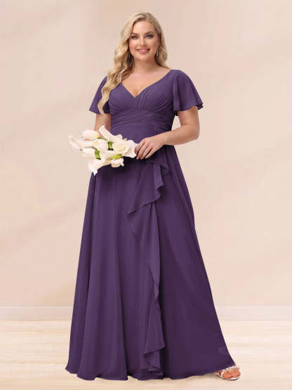 A Line Princess V Neck Long Plus size Bridesmaid Dresses with Ruffles