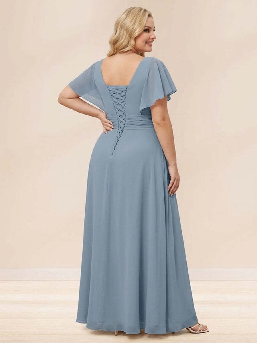A Line Princess V Neck Long Plus size Bridesmaid Dresses with Ruffles