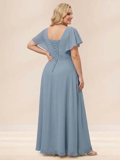 A Line Princess V Neck Long Plus size Bridesmaid Dresses with Ruffles