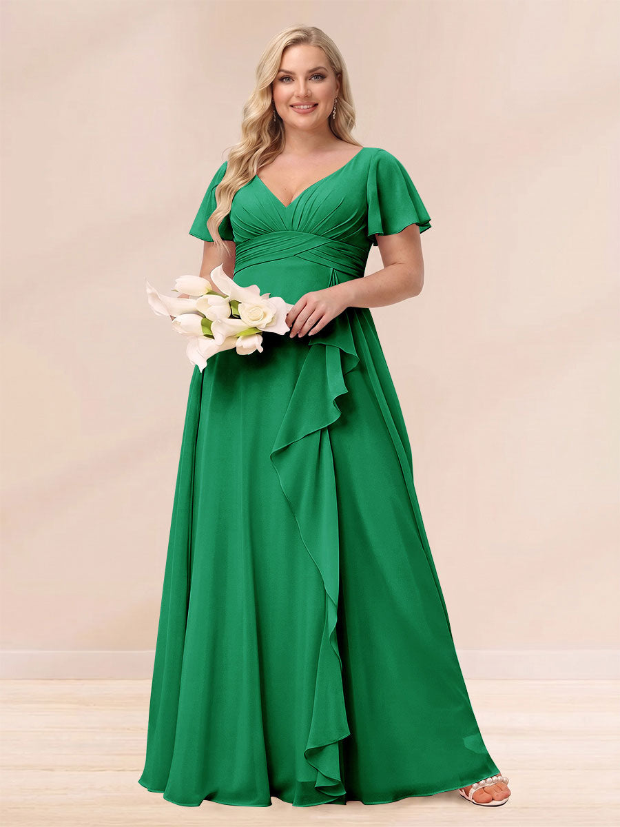 A Line Princess V Neck Long Plus size Bridesmaid Dresses with Ruffles