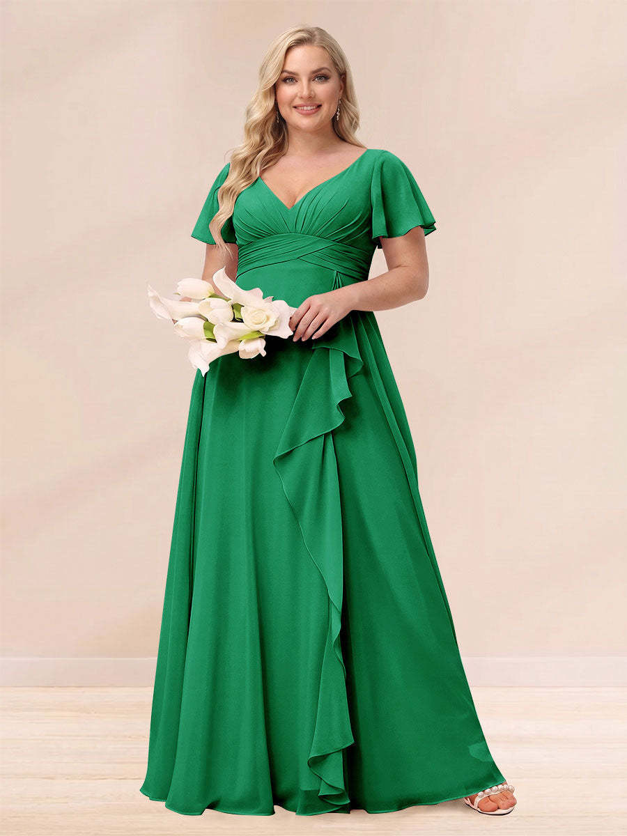 A Line Princess V Neck Long Plus size Bridesmaid Dresses with Ruffles