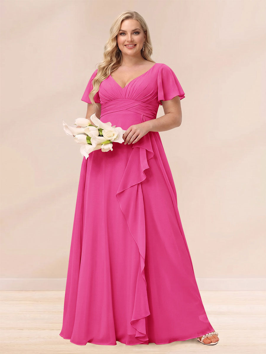 A Line Princess V Neck Long Plus size Bridesmaid Dresses with Ruffles