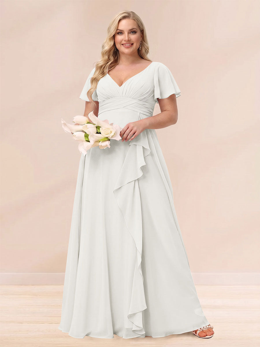 A Line Princess V Neck Long Plus size Bridesmaid Dresses with Ruffles