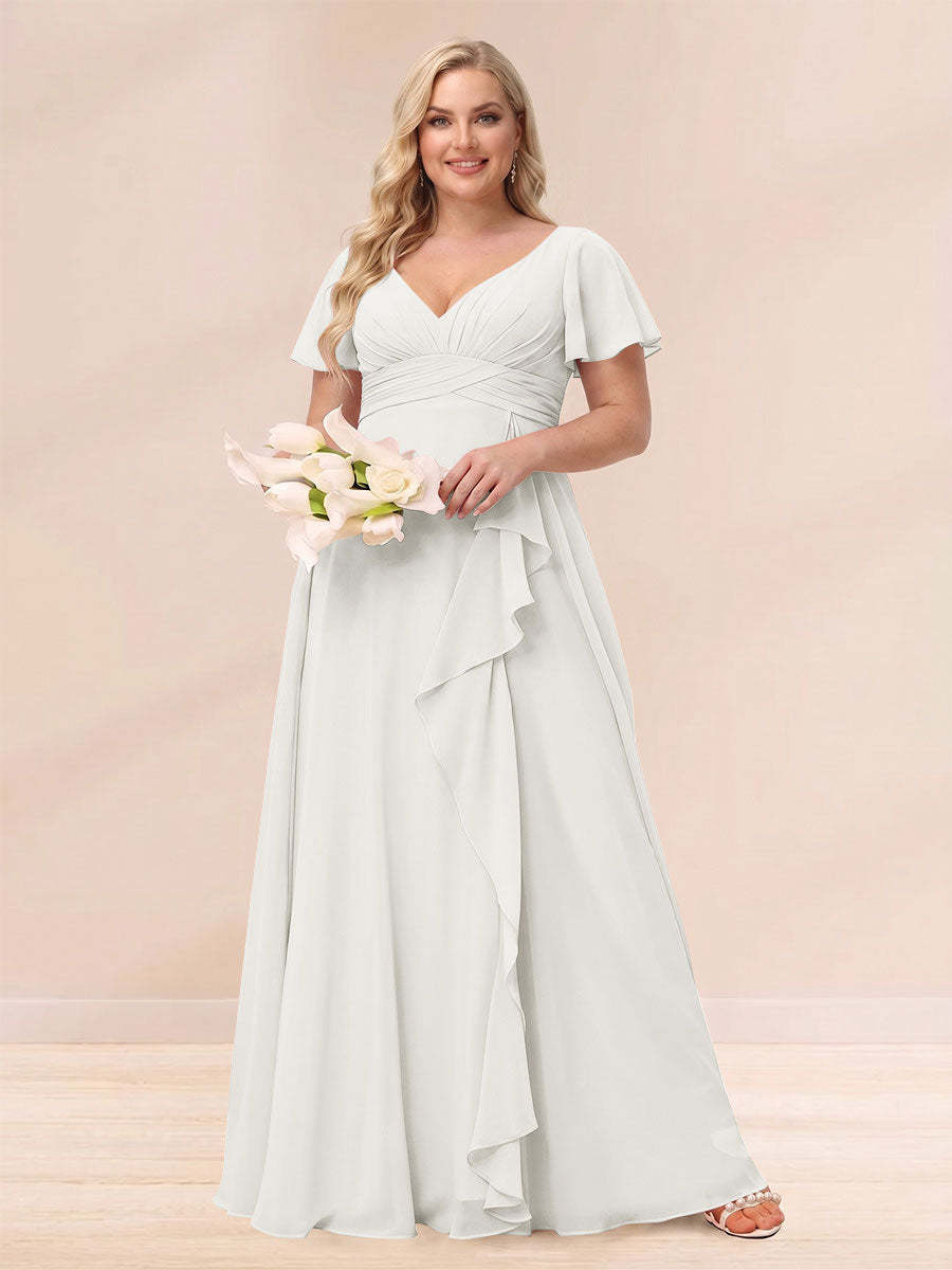 A Line Princess V Neck Long Plus size Bridesmaid Dresses with Ruffles