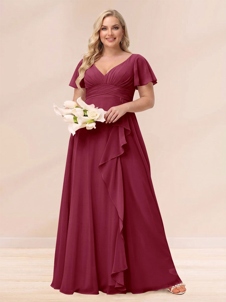 A Line Princess V Neck Long Plus size Bridesmaid Dresses with Ruffles