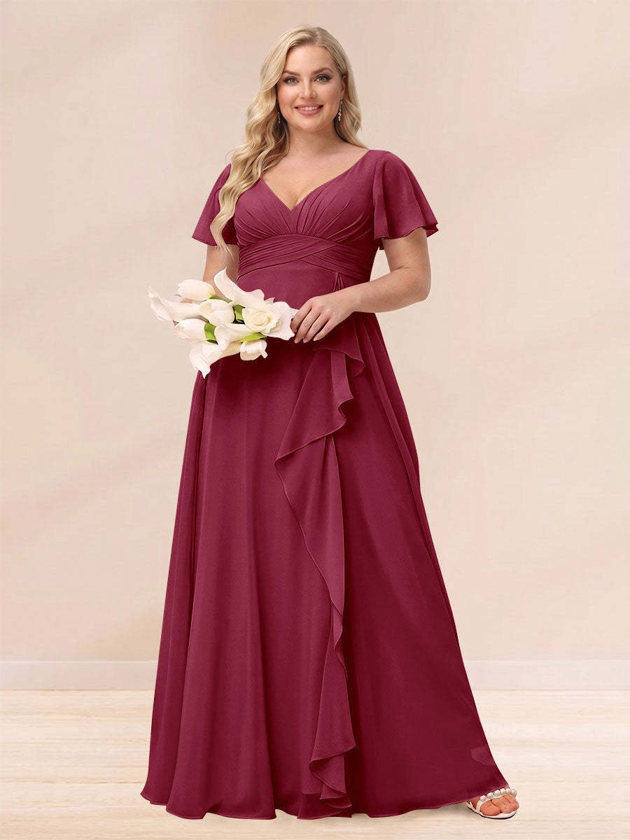 A Line Princess V Neck Long Plus size Bridesmaid Dresses with Ruffles