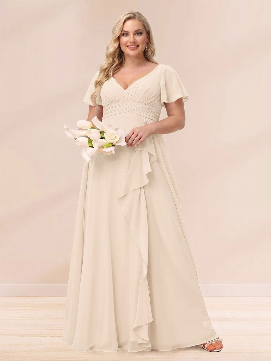 A Line Princess V Neck Long Plus size Bridesmaid Dresses with Ruffles