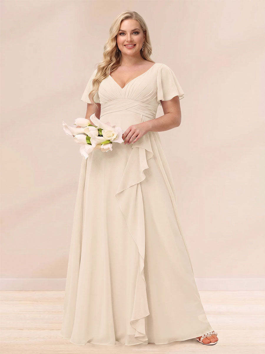 A Line Princess V Neck Long Plus size Bridesmaid Dresses with Ruffles