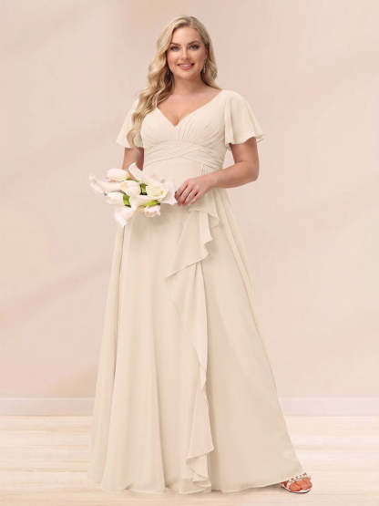 A Line Princess V Neck Long Plus size Bridesmaid Dresses with Ruffles
