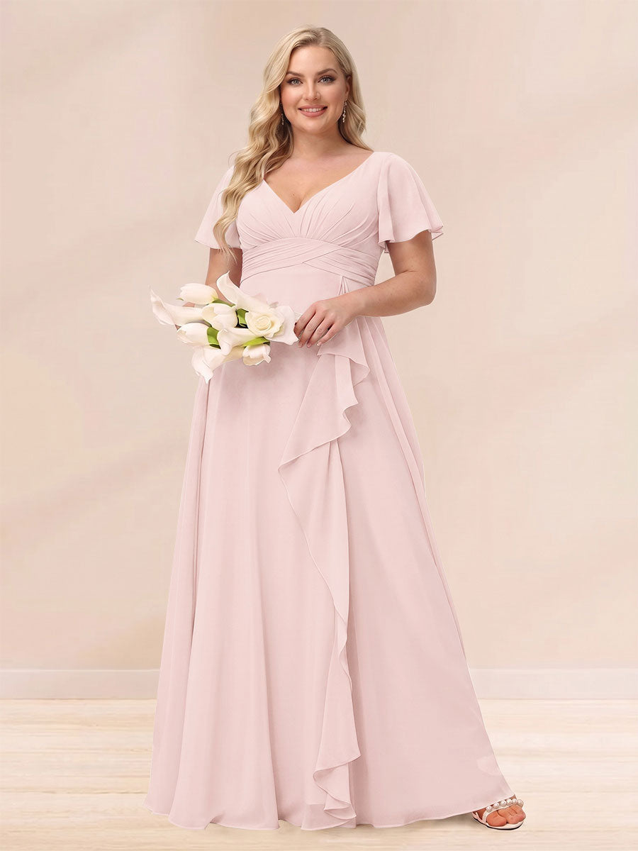 A Line Princess V Neck Long Plus size Bridesmaid Dresses with Ruffles