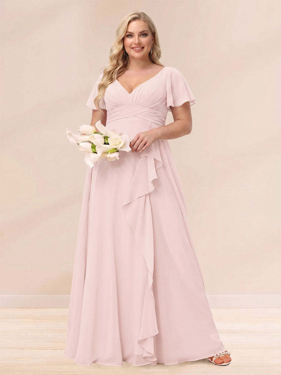 A Line Princess V Neck Long Plus size Bridesmaid Dresses with Ruffles