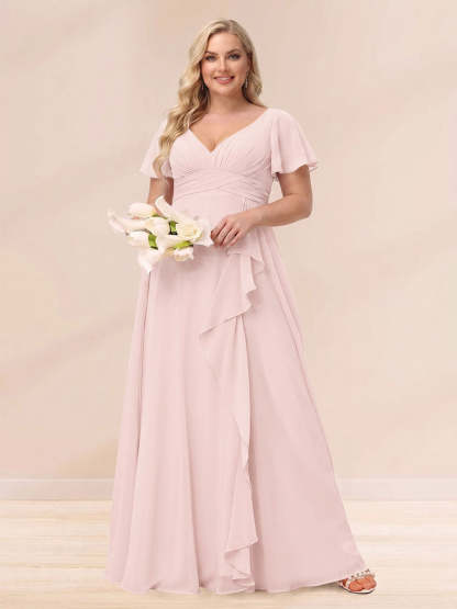 A Line Princess V Neck Long Plus size Bridesmaid Dresses with Ruffles