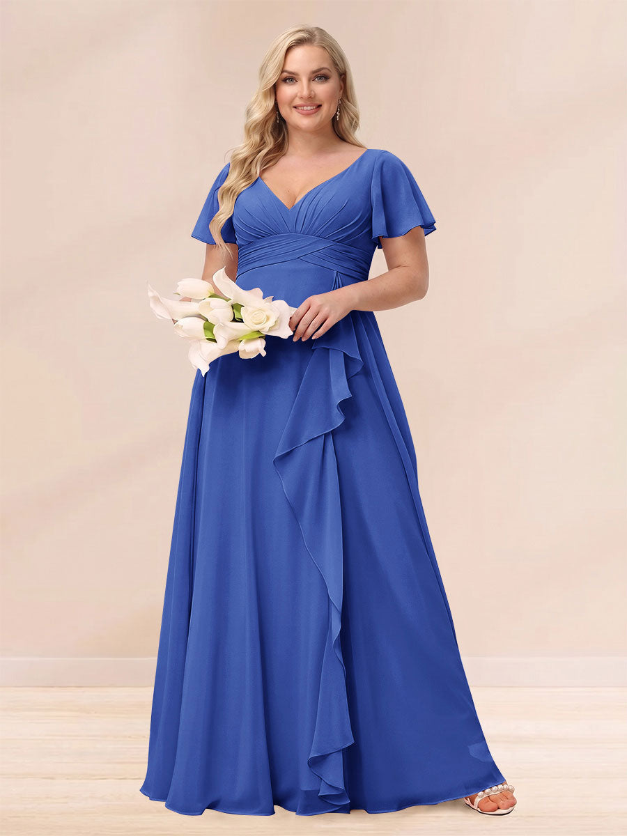 A Line Princess V Neck Long Plus size Bridesmaid Dresses with Ruffles