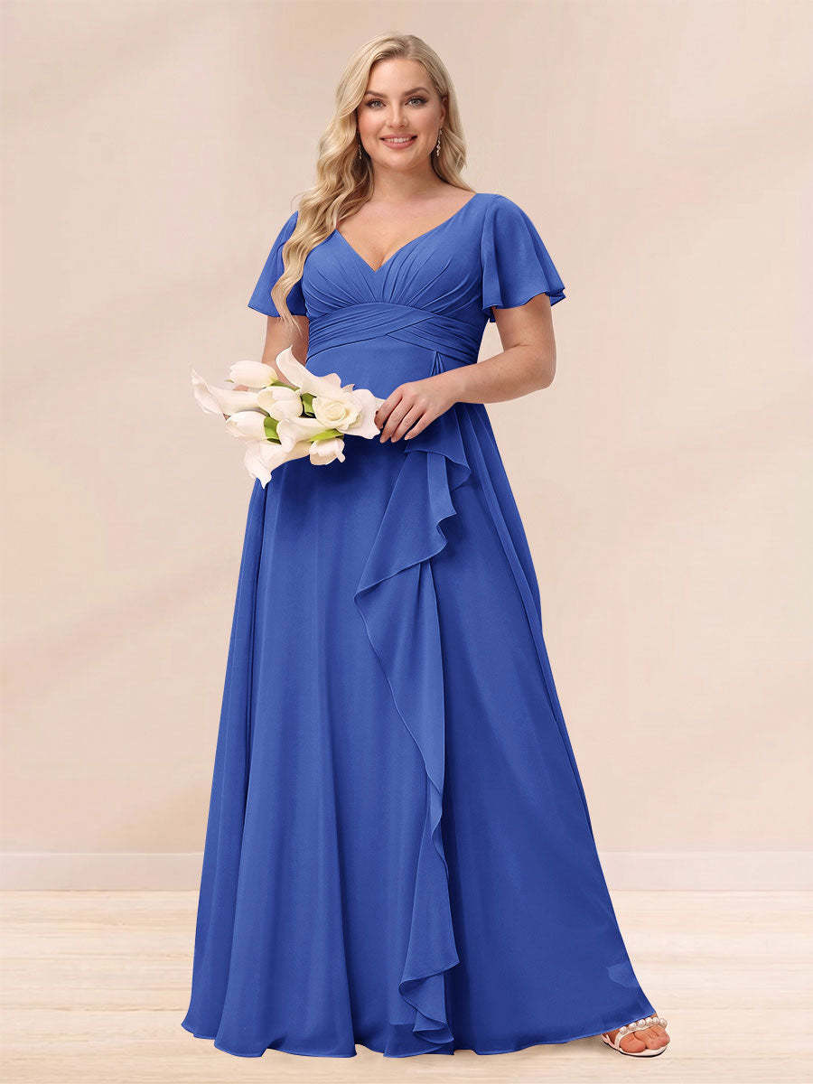 A Line Princess V Neck Long Plus size Bridesmaid Dresses with Ruffles