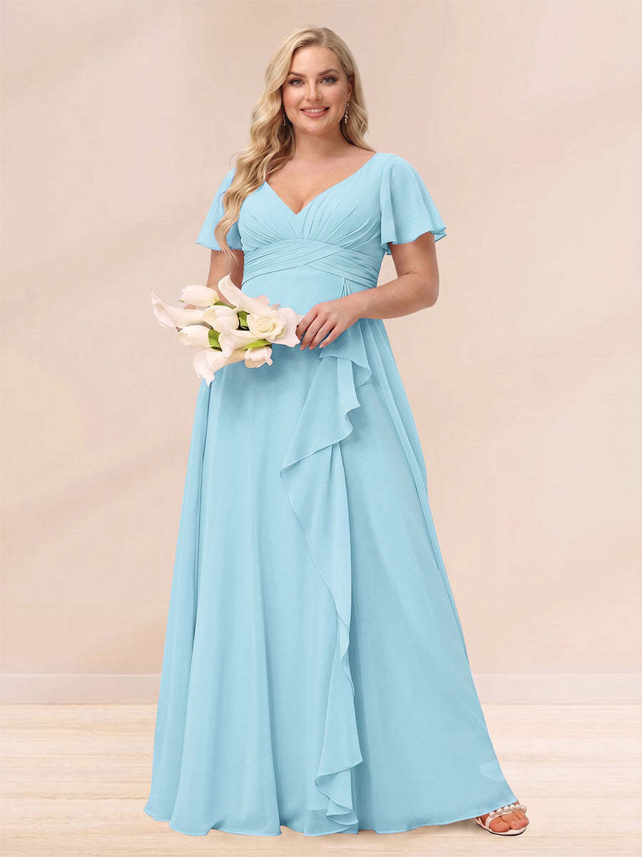 A Line Princess V Neck Long Plus size Bridesmaid Dresses with Ruffles