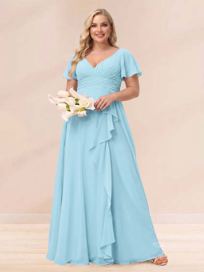 A Line Princess V Neck Long Plus size Bridesmaid Dresses with Ruffles