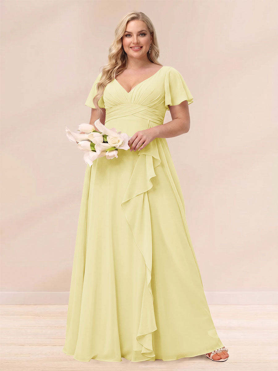 A Line Princess V Neck Long Plus size Bridesmaid Dresses with Ruffles