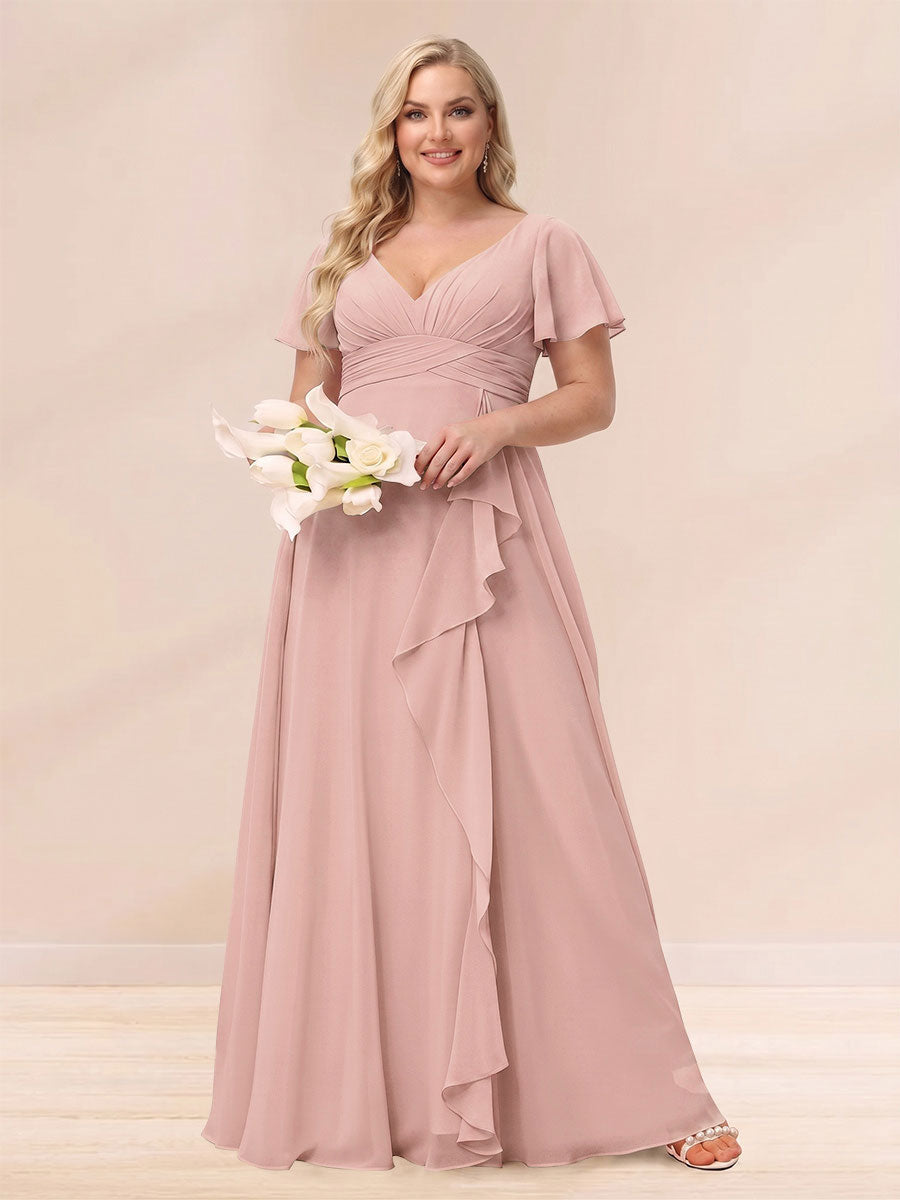 A Line Princess V Neck Long Plus size Bridesmaid Dresses with Ruffles