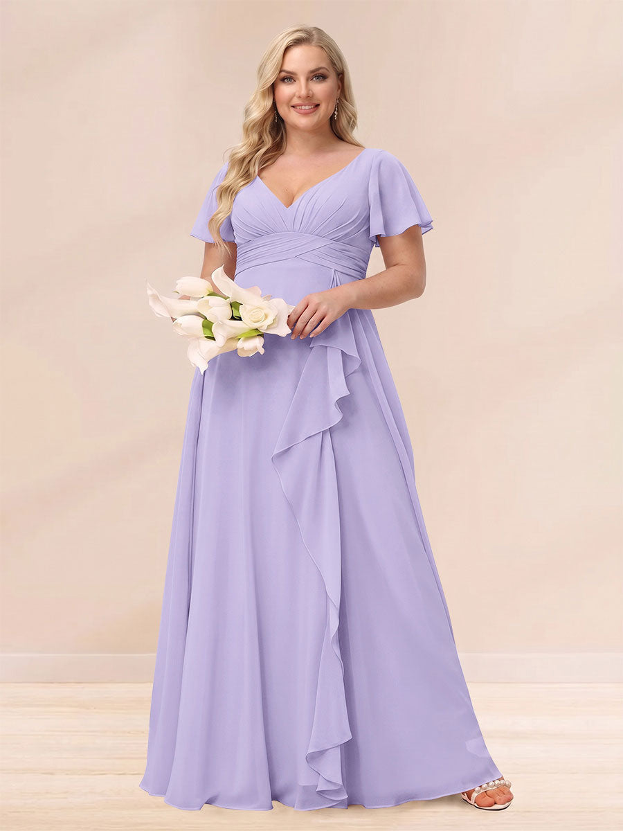 A Line Princess V Neck Long Plus size Bridesmaid Dresses with Ruffles