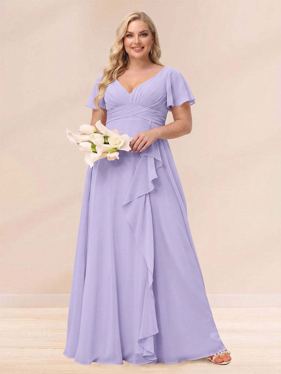 A Line Princess V Neck Long Plus size Bridesmaid Dresses with Ruffles