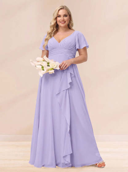 A Line Princess V Neck Long Plus size Bridesmaid Dresses with Ruffles