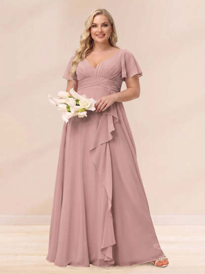 A Line Princess V Neck Long Plus size Bridesmaid Dresses with Ruffles
