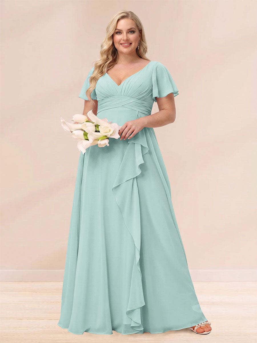 A Line Princess V Neck Long Plus size Bridesmaid Dresses with Ruffles