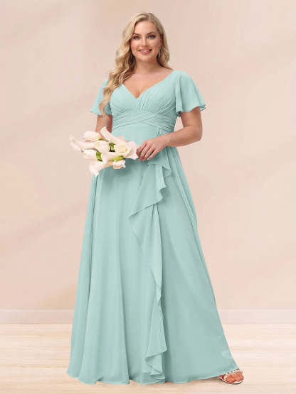 A Line Princess V Neck Long Plus size Bridesmaid Dresses with Ruffles