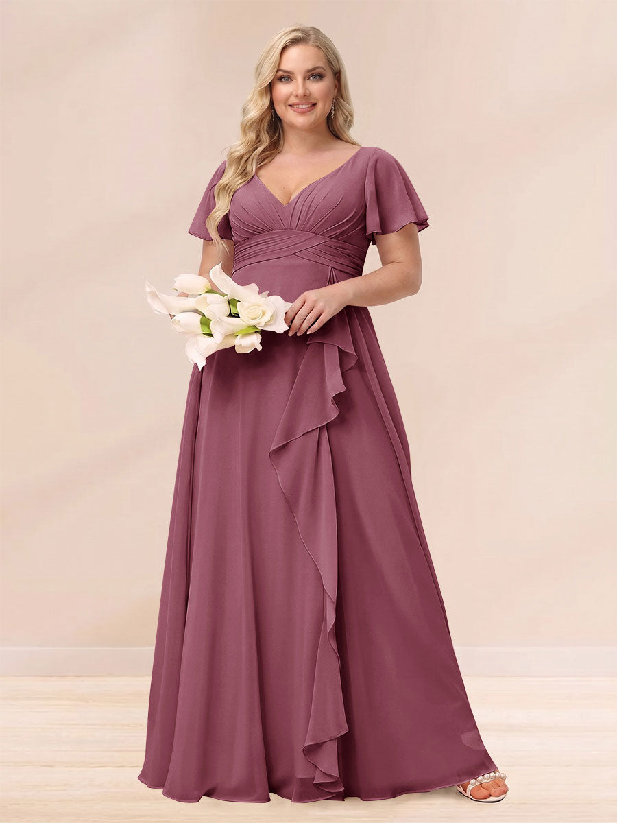 A Line Princess V Neck Long Plus size Bridesmaid Dresses with Ruffles