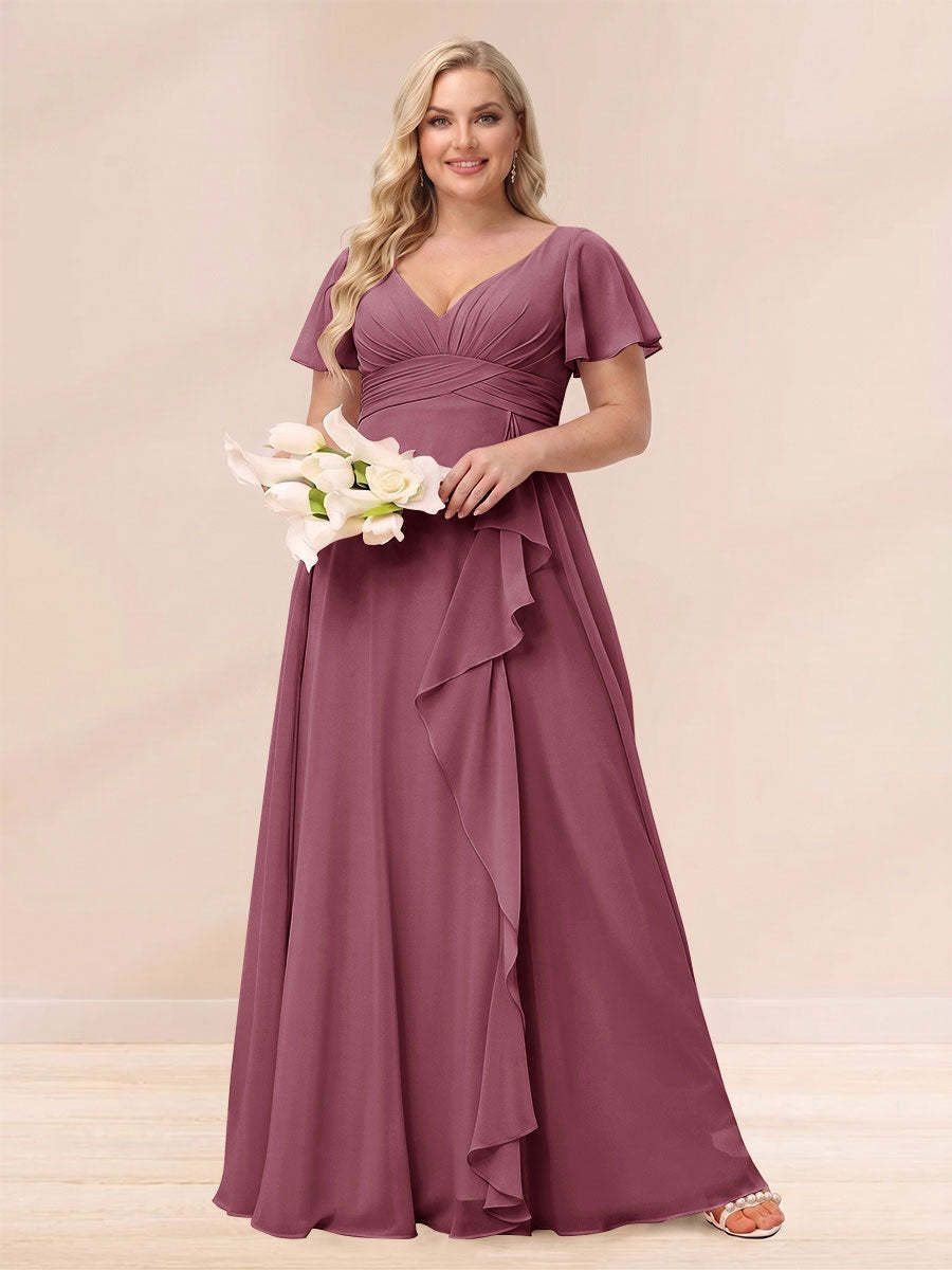 A Line Princess V Neck Long Plus size Bridesmaid Dresses with Ruffles