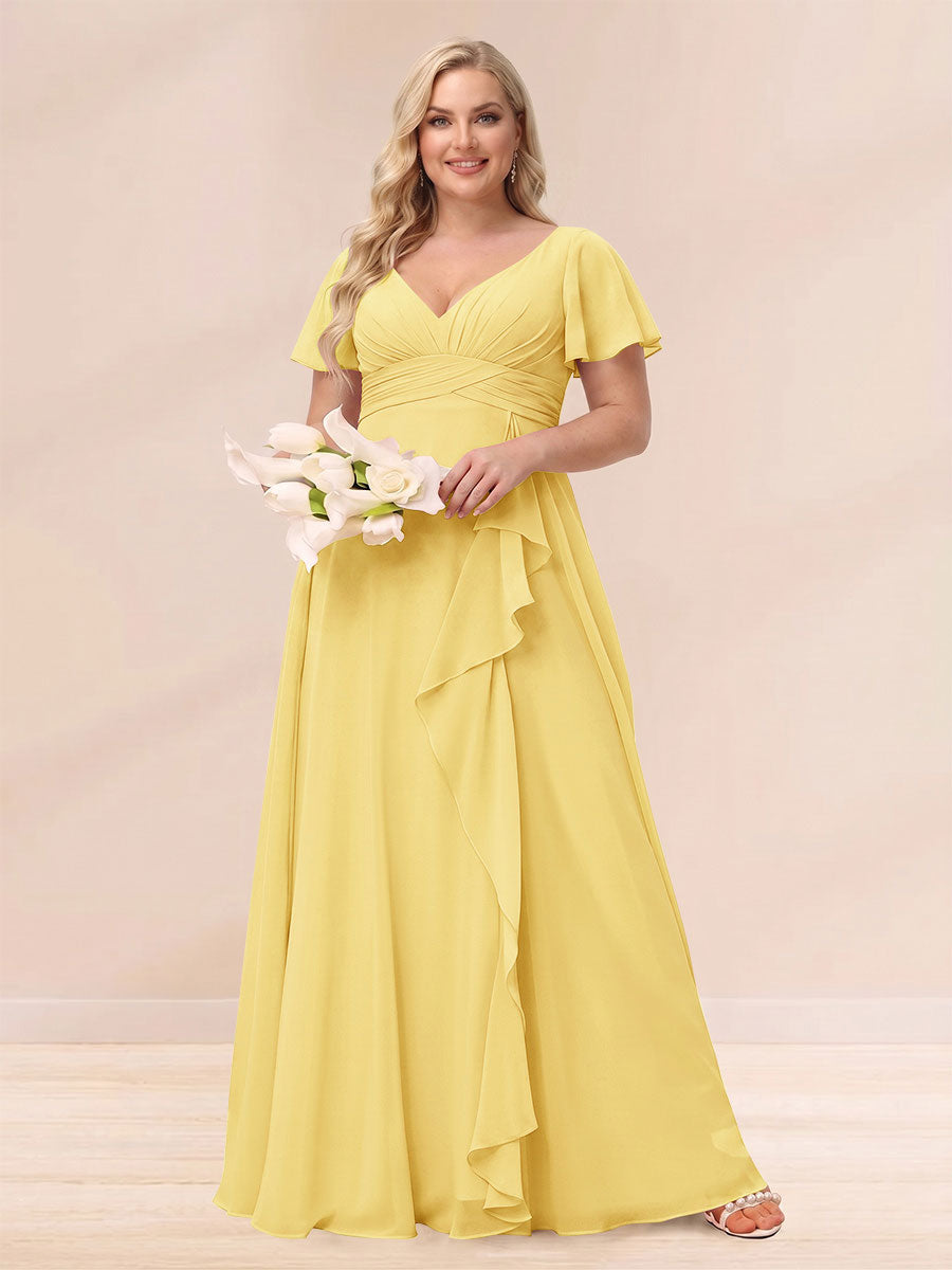A Line Princess V Neck Long Plus size Bridesmaid Dresses with Ruffles