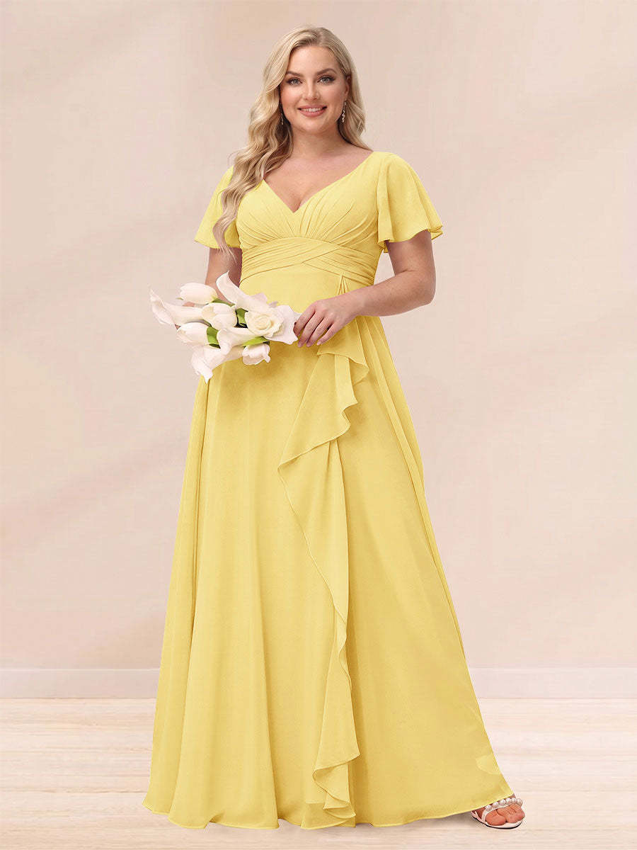 A Line Princess V Neck Long Plus size Bridesmaid Dresses with Ruffles
