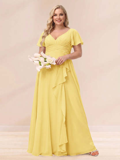 A Line Princess V Neck Long Plus size Bridesmaid Dresses with Ruffles